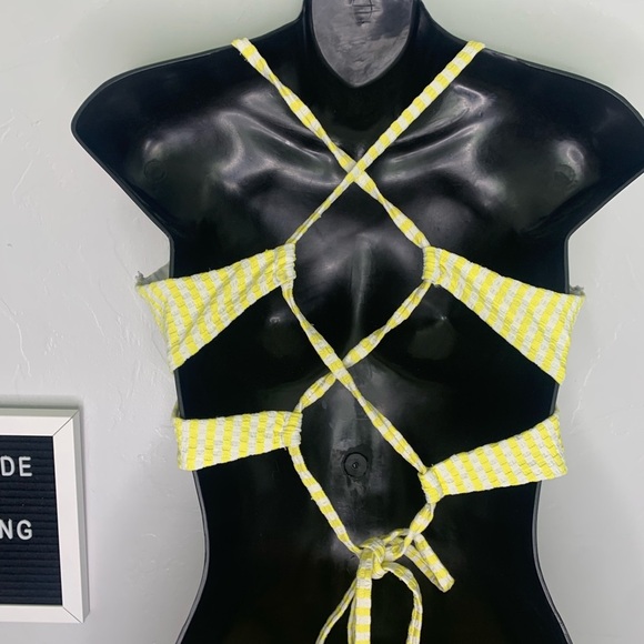 Jessica Simpson Yellow White Stripe Bikini Set Size Medium Crisscross Swim - Picture 7 of 10